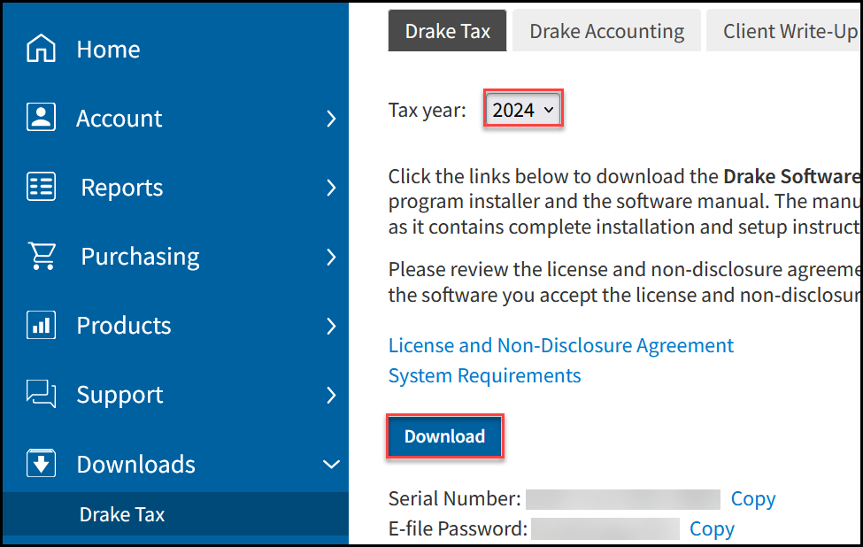 Image of tax year drop list and download button on the Drake Support website.